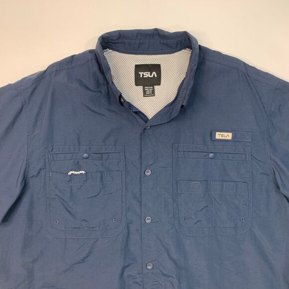 TSLA Shirt Mens L Large Navy Button Down Short Sleeve Vented Performance Fishing - Picture 3 of 12